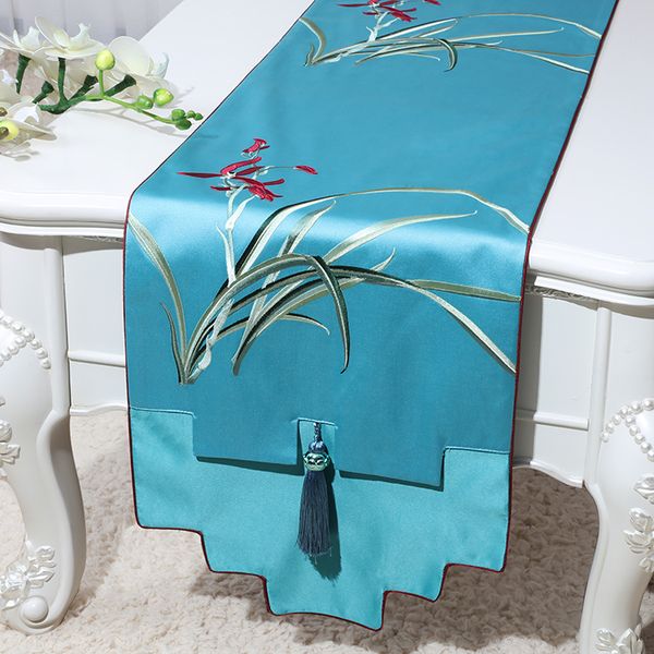 

2019 jacquard orchid grass damask table runner new chinese silk brocade tea table cloth rectangle home decoration christmas dining table pad
