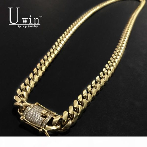 

uwin 10mm men cuban miami link necklace stainless steel rhinestone clasp iced out gold silver hip hop chain necklace 76cm