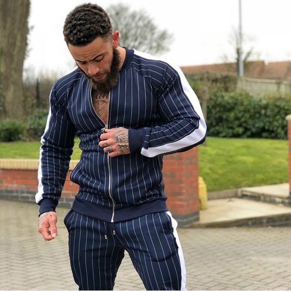 

chuqing new fitness autumn and winter men's striped sports suit casual sweater fitness stretch running suit, Gray