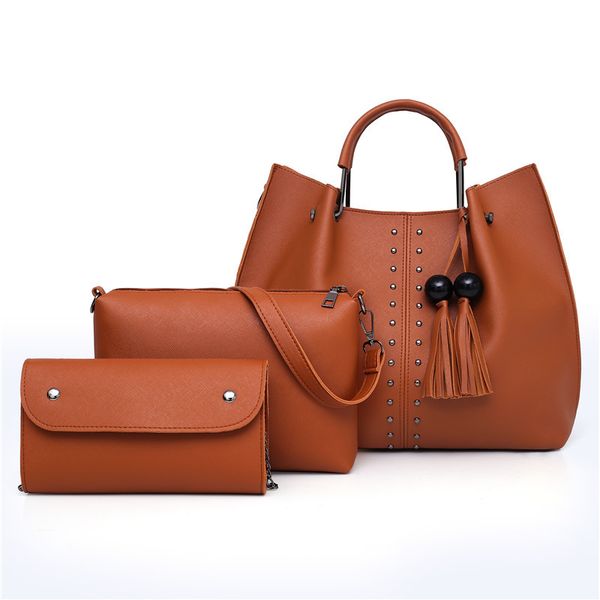 

women solid color simple three-piece solid color leather shoulder bag exquisite girls original casual handbag elegant bags