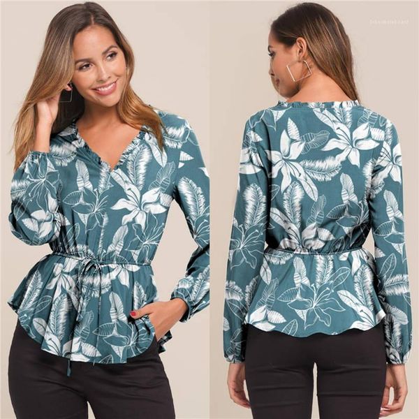 

designer tshirts v neck long sleeve ladies floral printed with sashes fashion style female tees new womens autumn, White