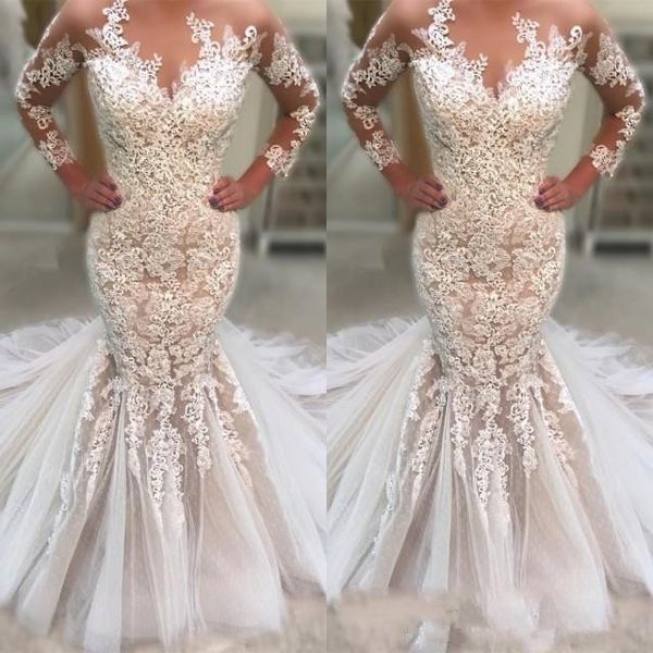 

2019 New Sheer Jewel Mermaid Wedding Dresses Gorgeous Long Sleeve Lace Appliqued Ruched Tulle Bridal Gowns with Court Train Custom Made, White