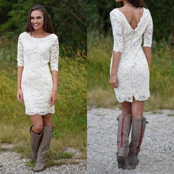 

short lace beach wedding dresses with half sleeve 2019 modest jewel neck low back bohemian western cowlgirl country bridal dress, White