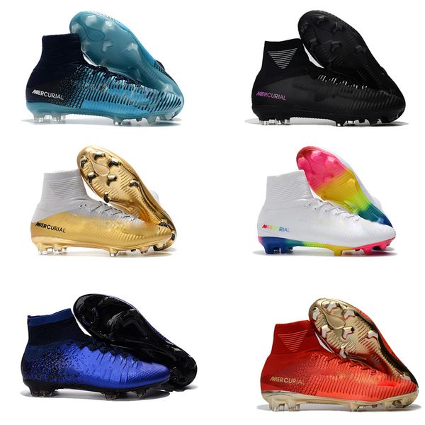 

белая радуга 100% первоначально бутсы нового cr7 mercurial superfly v fg футбол бутсы высоких лодыжки бутсы роналд спорт кроссовки