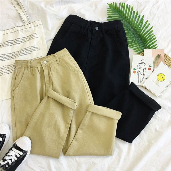 

spring summer straight jeans women high elastic waist boyfriend trousers korean vintage black denim pants casual plus size w589, Blue