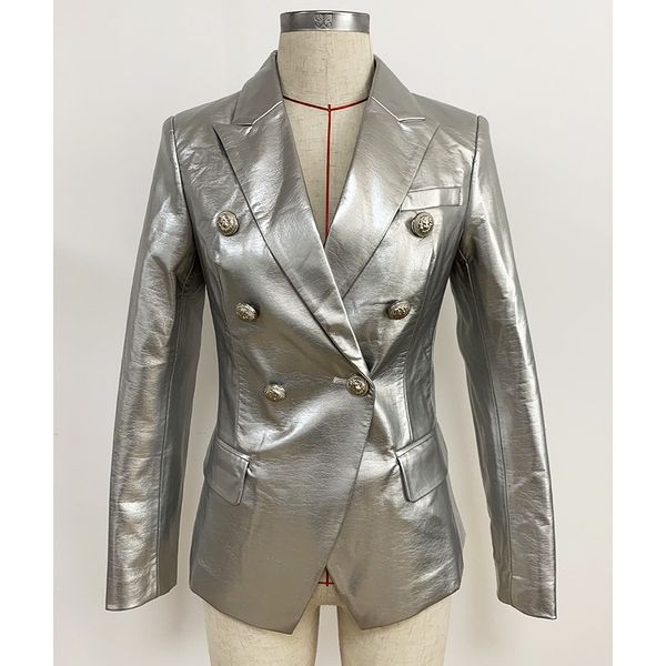

Bnwt original de ign women 039 branded ladie double brea ted lim jacket metal buckle ilver ynthetic leather blazer outwear