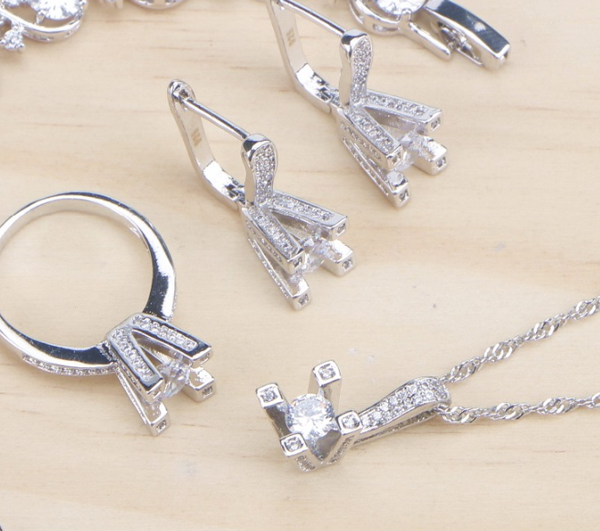 

women costume silver 925 bridal jewelry sets for white cubic zirconia wedding pendant rings earrings necklace set gift box, Slivery;golden