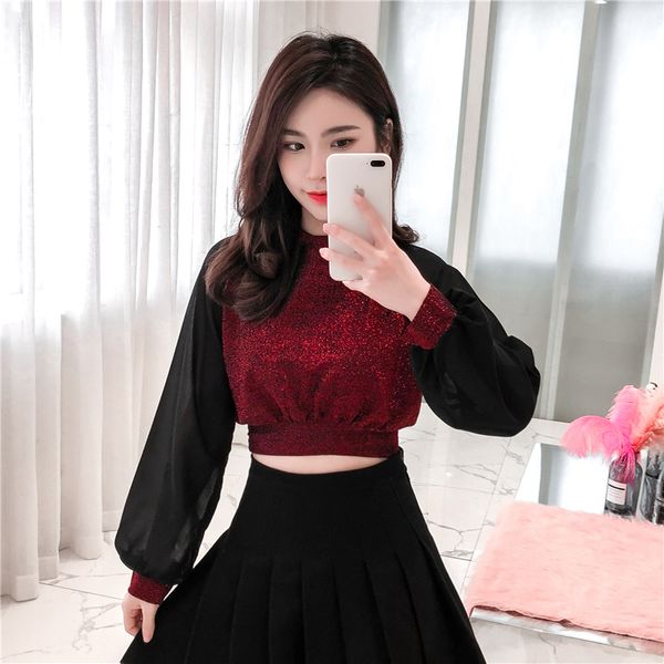 

2019 spring new arrival korean loose short high waist patchwork t shirt bare navel bright silky tee shirt women ing, White