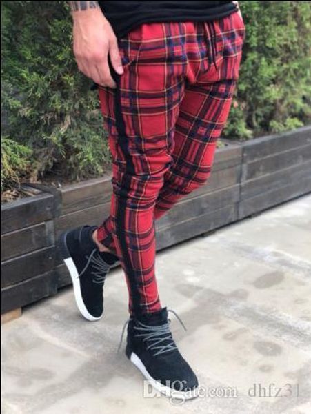 

men's pants fitness jogger plaid sports pants red slim pants, Black