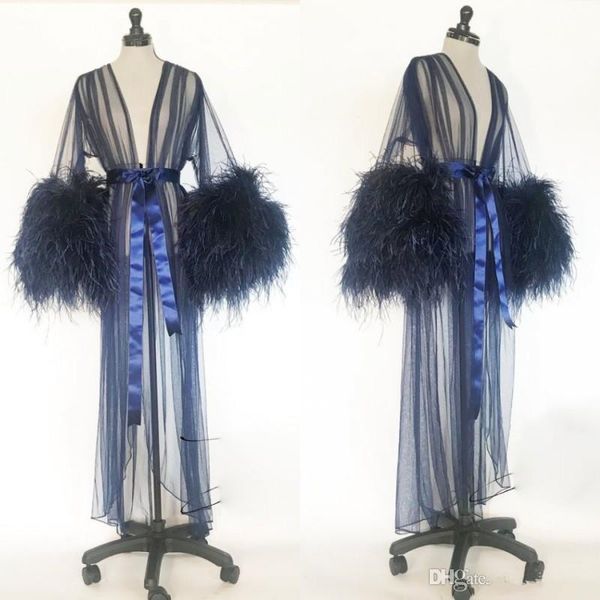 Сексуальные женщины Robe Fur Nightgown Халат Пижамы V шеи Bridal Мантия с пояса свадьба подарки Navy платье невесты
