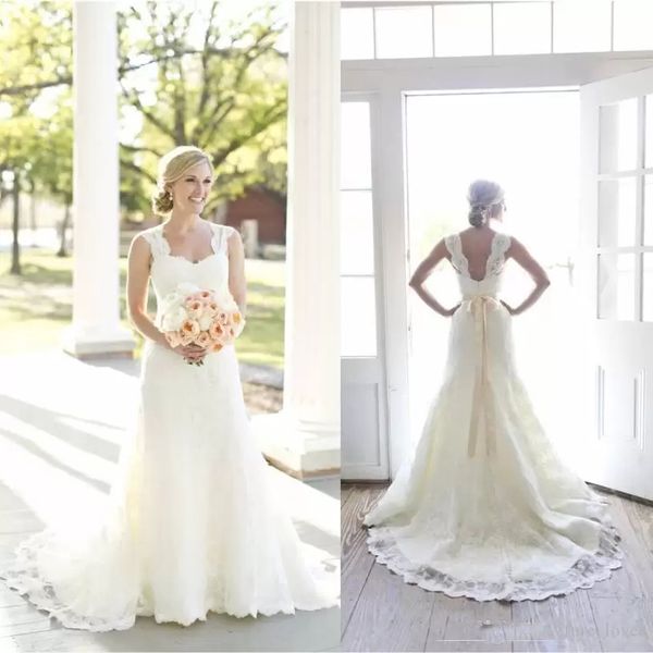 

2019 Full A-Line Lace Wedding Dresses Ivory Sweetheart Neck Sleeveless with Beaded Satin Sash Open Back Court Train Vintage Bridal Gowns