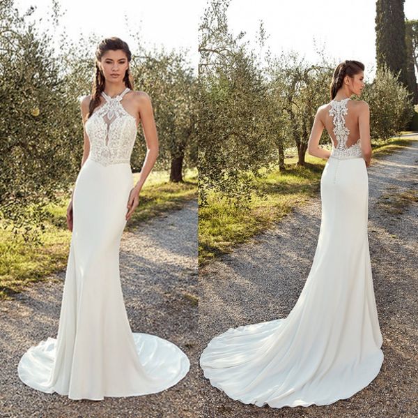 

new arrival designed mermaid wedding dresses summer boho halter neck appliques covered button back long bride gowns, White