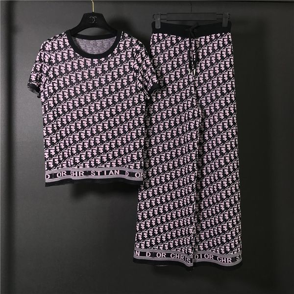 

2019 лето новый женский дизайн моды с коротким рукавом письмо жаккард ледяной шелк вязаный свитер и широкие брюки длинные штаны twinset