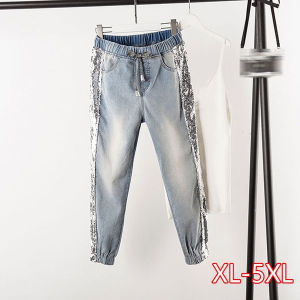 

plus size side sequins jeans ankle length jogger 3xl 4xl spring summer lady light blue elastic waist capris jean denim pants