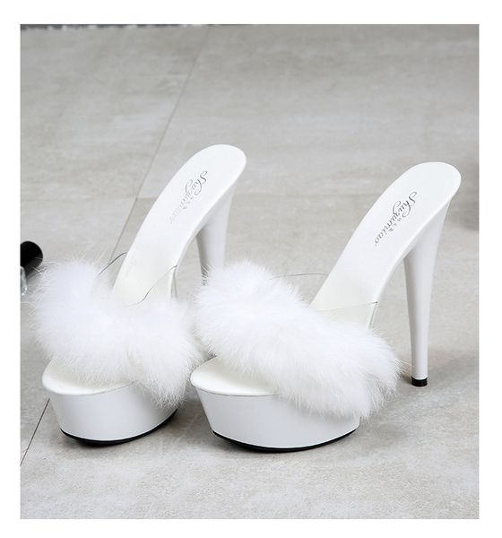 

15см новые европейские и американские тапочки кроличья шерсть супер туфли на высоком каблуке тонкий каблук сексуальные черные водонепроницае, Black