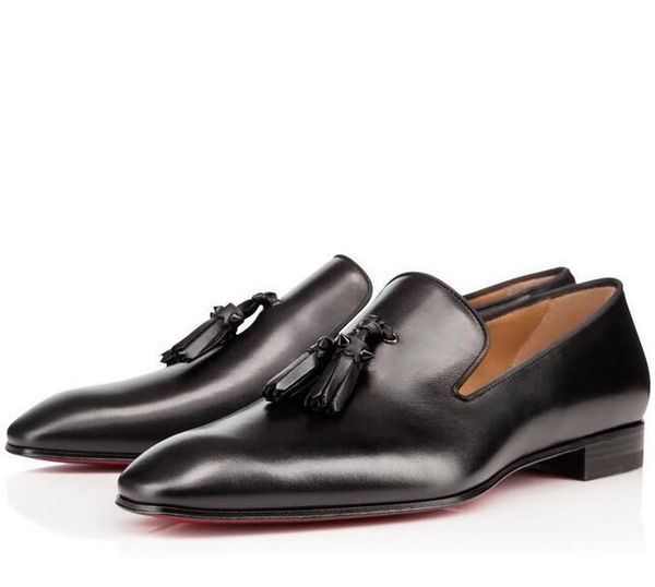 

original box] men business fashion tassel man red bottom slip on loafers casual genuine leather brand dress men's walking oxford, Black