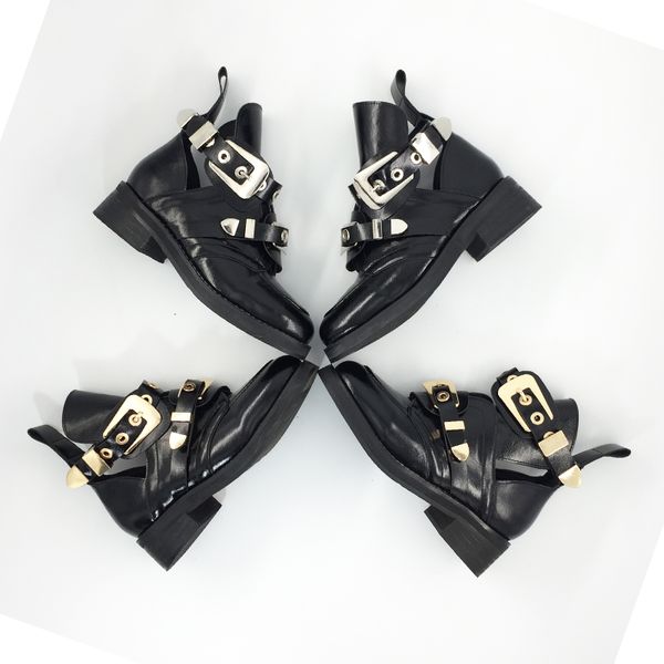 

brand ankle boots heel short booties gold silver metal buckle design botas woman chaussures femmes runway star boots chic, Black