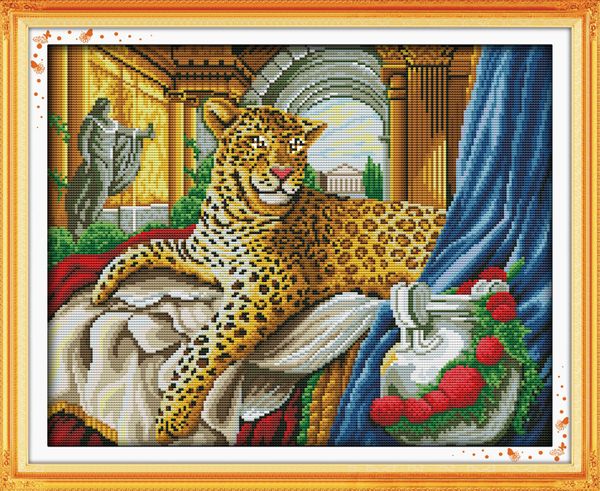 Goldener Leopard, edle Tiere, Heimdekor-Gemälde, handgefertigte Kreuzstich-Bastelwerkzeuge, Stickerei-Nadelarbeitssets, gezählter Druck auf Leinwand DMC 14CT/11CT