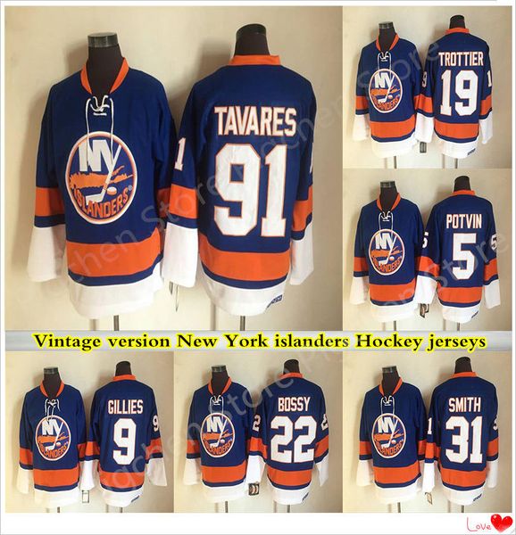

new york islanders vintage version jerseys 91 tavares 9 gillies 19 trottier 5 potvin 31 smith 22 bossy hockey jersey, Black;red