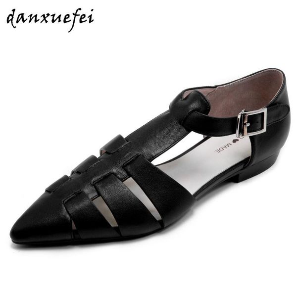 

women's genuine leather narrow band pointed toe cage flats sandals metal buckle cage student style casual dailys hsoes for women, Black
