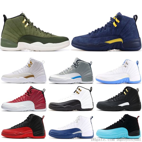 

2019 men 12 12s basketball shoes french blue white black dark wolf grey flu game taxi the master gym red sneakers size 8-13