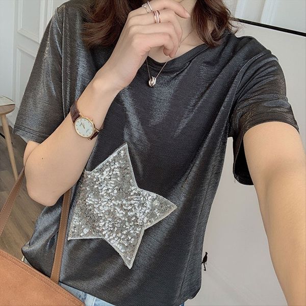 

fashionable sequins loose sequins heavy industry five-pointed star simple basic versatile round collar short-sleeved t-shirt female summer, White