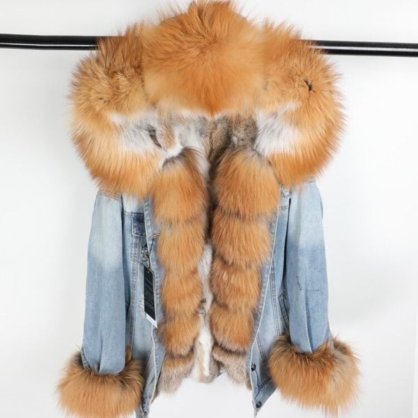 

natural fox fur big fur collar denim winter coat loose fashion fur detachable lining park parker leather jacket women mx191101, Black