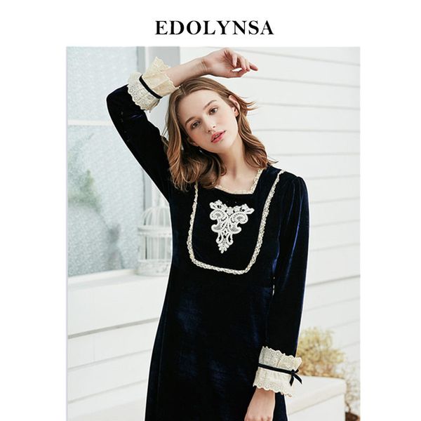 

navy blue elegant square collar long sleeve velvet night dress vintage victorian nightgown autumn women sleepwear nightwear h778, Black;red