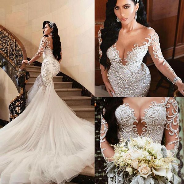 

luxurious arabic wedding dresses mermaid beading embroidery bridal dresses sheer neck long sleeves wedding gowns vestido de novia, White