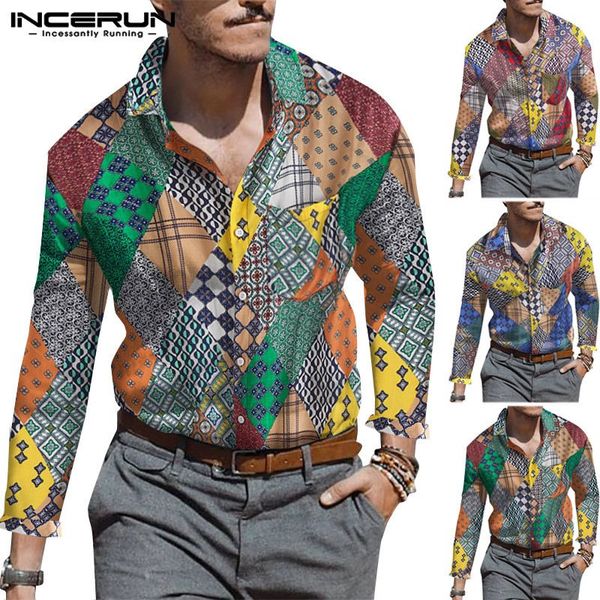 

incerun vintage print men shirt long sleeve ethnic style lapel neck street chic breathable casual brand shirts men camisa 2019, White;black