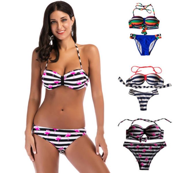 

2018 Womens Striped Triangle Push-up Padded Bra Bandage Bikini Set Swimsuit Swimwear Bathing Suit Beachwear Tankini Monokini