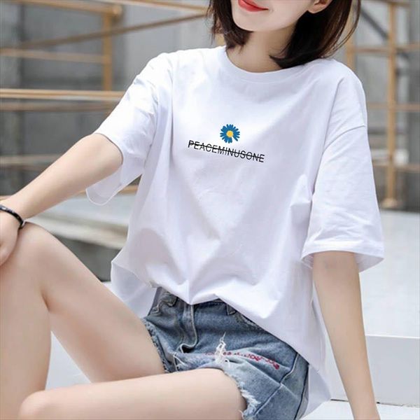 

pure cotton short-sleeved t-shirt female fashion student loose versatile printed round collar women's dress pure cotton short-sleeved t, White