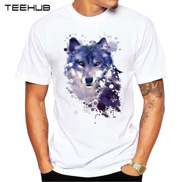 

new arrivals 2019 teehub cool painted space wolf design men's fashion printed t-shirt short sleeve o-neck hipster tee, White;black