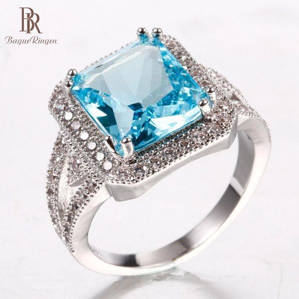 

bague ringen rectangle aquamarine ring silver 925 for women female geometry fine jewelry with gemstones engagement gift size6-10, Golden;silver