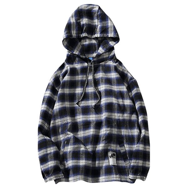 

2019 autumn new hooded long sleeve big plaid shirt men loose hip hop harujuku streetwear japanese simple youth coat 50cs, White;black