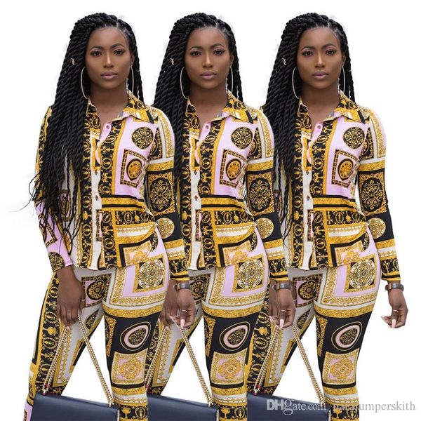 

роскошные женщины из двух частей комплекты модельер golden print двухкусочной брюки женщины вскользь тонкий отворот шея два бюстия, White