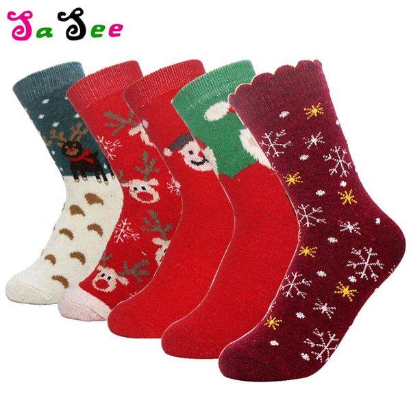 

5 pair lot quality autumn winter warm women wool socks thick multi christmas pattern snowflake deer sweet meias sock gift, Black;white