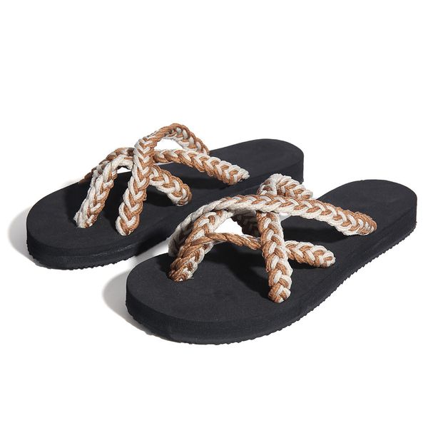 

women's summer footwear chaussures femme flat sandals versatile rope woven cross-tied flip flops footwear sandals women, Black