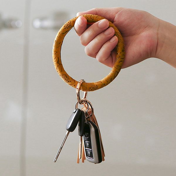 

bohemia pu leather wristlet keychain bangle fashion leopard snake gold silver large circle keyring tassel bracelet for women