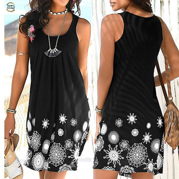 

fashion new spring summer womens sleeveless print fashion dress ladies holiday casual loose mini dress for female designer clothes, Black;gray