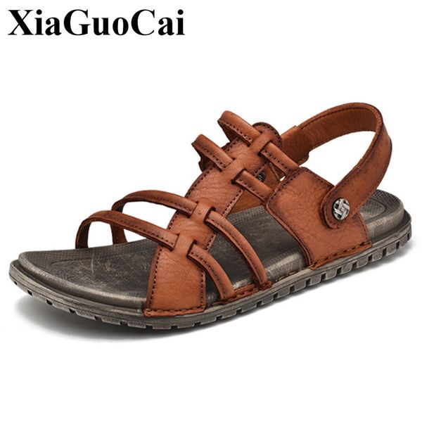 

men sandals summer shoes genuine leather slippers outdoor beach male flat casual shoes gladiator flip flops anti-skid breathable, Black