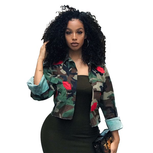 

camouflage bomber jacket women 2019 autumn fashion lips print lapel collar long sleeve plus size short biker jackets female coat, Black;brown