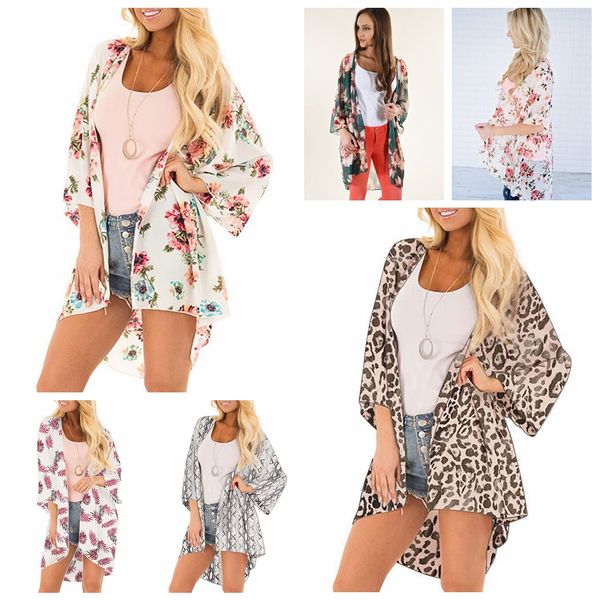 

women leopard chiffon beach cover summer spring floral print kimono loose casual batwing sleeve swimwear cover cape 50pcs aaa2261, Black