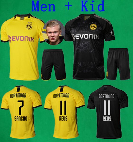 

haaland 2019 2020 borussia dortmund soccer jersey 110th football jersey and short 19 20 reus sancho football shirt men + kid soccer uniform, Black;yellow