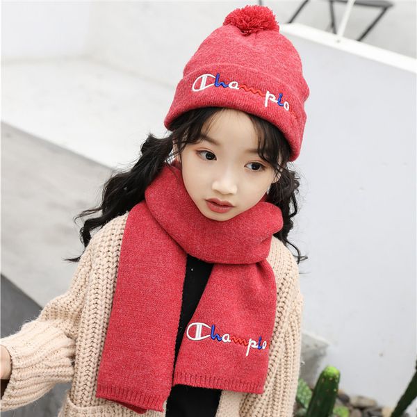 

champion letter kids beanies wool knitted cap+scarves two-piece winter warm wool knitted skullcap 2-10t kids knitted scarves wholesal ss365, Red;brown