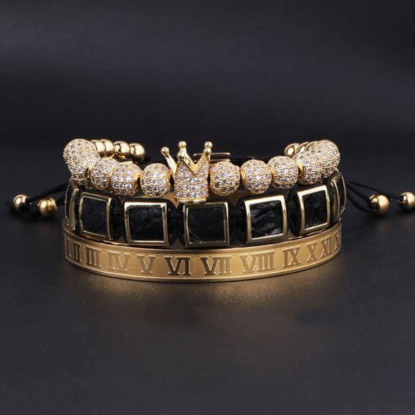

drop shipping new cz micro pave ball crown leather square braided stainless steel roman bangle men bracelet set men women, Black