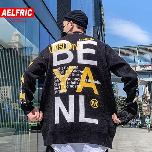 

aelfric letter knitted mens sweater 2019 autumn winter harajuku fashion hip hop outwear ripped casual cotton pullover streetwear, White;black