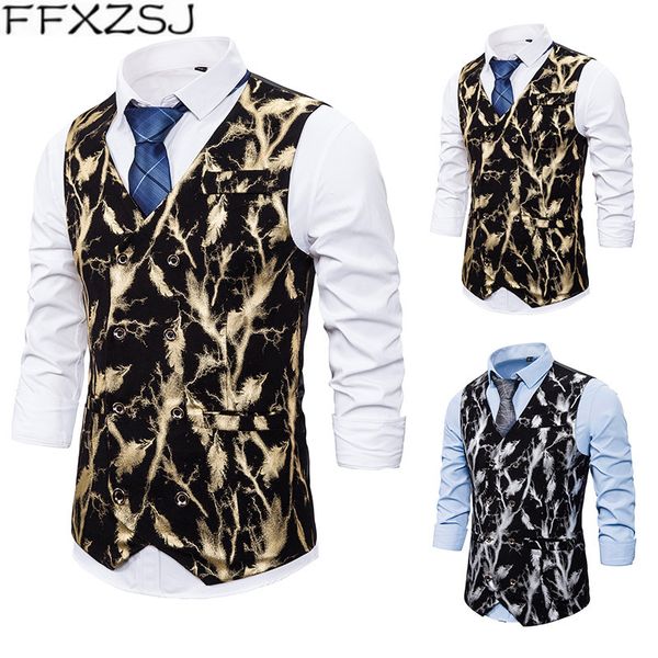 

ffxzsj men's new fashion casual business fishing vest print dress double-breasted dress european and american sizes xxl, Black;white