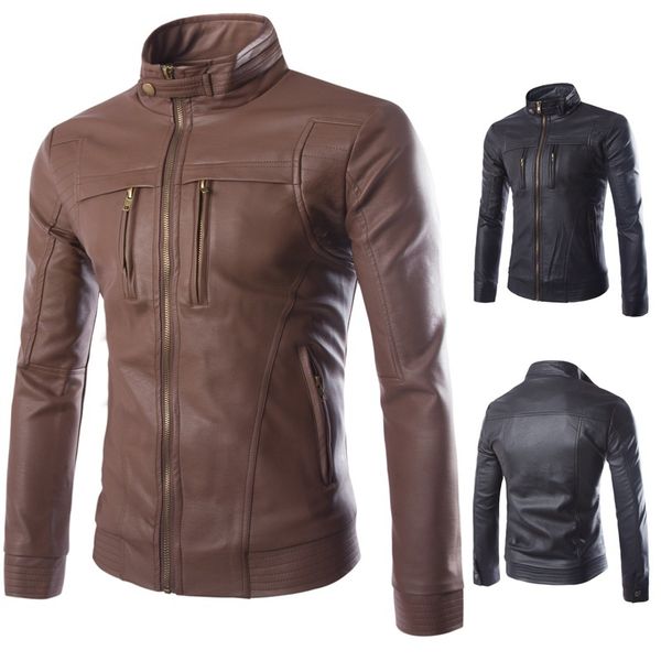 

men biker pu leather jacket autumn punk motorcycle business casual fashion coats outerwear faux leather zipper solid slim jacket, Black