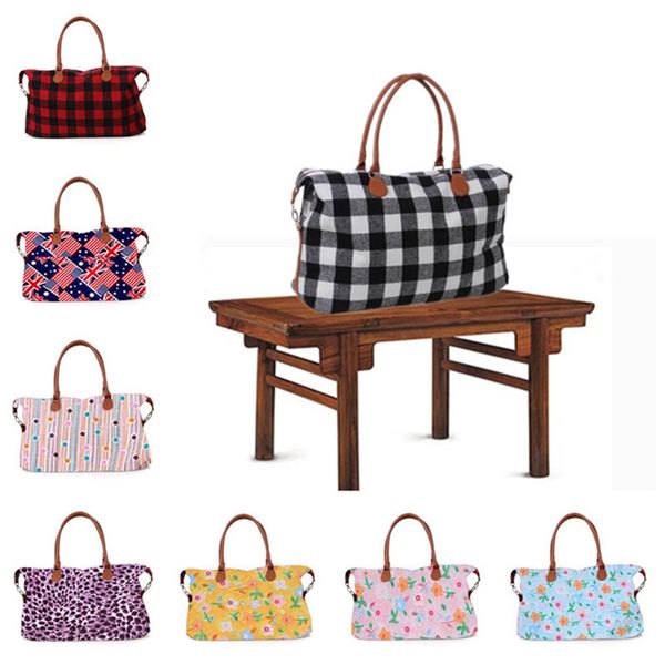 

women plaid leopard duffel bag travel tote buffalo check handbag double handles large sports bag ladies outdoor sarah weekenders bag a42201